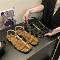 LBSFY - Open Toe Women Sandals Narrow Band Flat Low Heels Metal Chain Summer Outside Ankle Strap Belt Buckle Brown Black Size 35-39