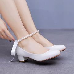 LBSFY - White Women Shoes Sexy Bride Party 3CM Pointed Toe Pumps Round Head Shallow Thick High Heels 03BDL