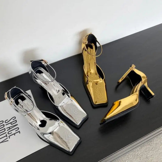 LBSFY  -  2024 New Fashion Square Toe Heel Shoes Women Shallow Thick Heel Sandals Single Mary Janes Shoes Buckle Female Gold Silver Pumps