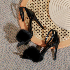 LBSFY - 2024 Spring New One line with Hollow Open Toe Sexy Mink Hair Fairy Style High Heel Sandals for Women