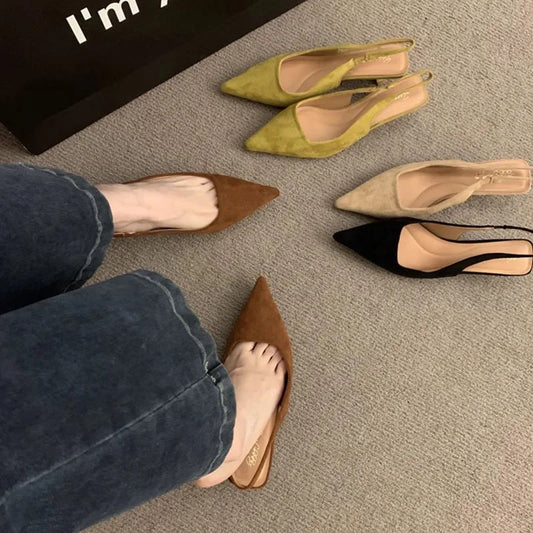 LBSFY  -  2024 Spring Brown Green New Women Sandal Fashion Pointed Toe Shallow Slip On Dress Mules Shoes Thin Low Heel Slingback Sandal