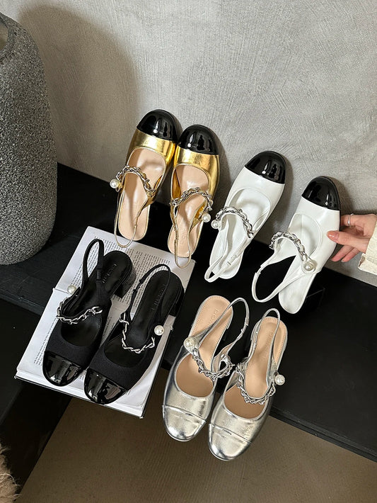 LBSFY  -  Round Toe Women Sandals Black Silver White Gold Summer Dress Shoes 2024 New Arrivals Low Heeled Pearl Design Fashion Pumps 35-39