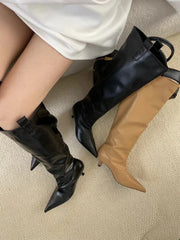LBSFY - Pointed Toe Women Knee High Boots Black Brown Thin High Heels Shallow Slip On Chelsea Botas Fashion Party Pumps Shoes Woman 39