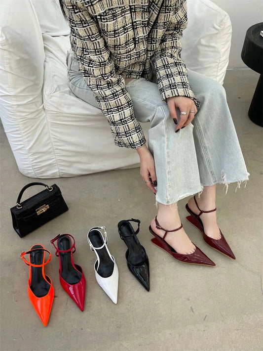 LBSFY  -  Pointed Toe Women Sandals 2024 New Arrivals Fashion Dress Shoes Wedge Heeled Ankle Strap Black Red Orange White Fashion Sandals