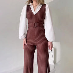 LBSFY - Vintage Hollow Out Sleeveless Belt Rompers Office Fashion Slim Long Pants Vest Playsuit FemaleV Neck Striped Straight Jumpsuit