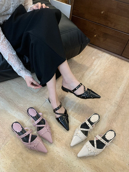 LBSFY  -  Pointed Toe Women Slides Slippers Black Pink White Rivet Design Low Heeled Cross Strap Fashion Casual Summer Flats Mules 35-39