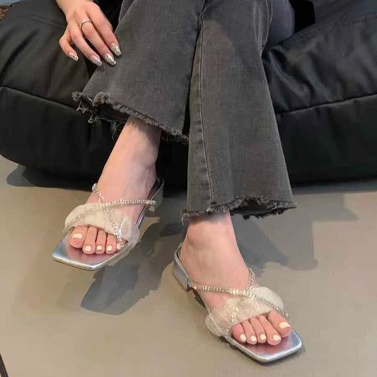 LBSFY  -  2024 Summer Open Toe Women Slippers Fashion Elegant Crystal Slides Shoes Ladies Outdoor Dress Thick Heel Sandalias