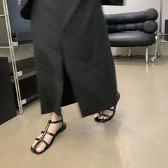 LBSFY - Open Toe Women Sandals Narrow Band Flat Low Heels Metal Chain Summer Outside Ankle Strap Belt Buckle Brown Black Size 35-39