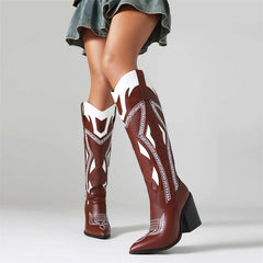 LBSFY  -  Women Cowboy Boots Western Knee High Block Heel Plus Size 43 Cowgirl Shoes