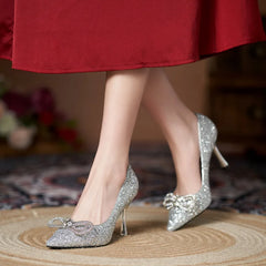 LBSFY - Size 30-44 High Heels Women Pumps Stiletto Pointed Toe Sequins Wedding Shoes Rhinestone Silver Shoes