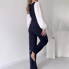LBSFY - Vintage Hollow Out Sleeveless Belt Rompers Office Fashion Slim Long Pants Vest Playsuit FemaleV Neck Striped Straight Jumpsuit