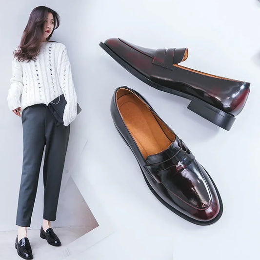 LBSFY  -  ladies Leather shoes British style plus size 22-26.5cm women pumps loafers lazy shoes womens platform heels black shoes
