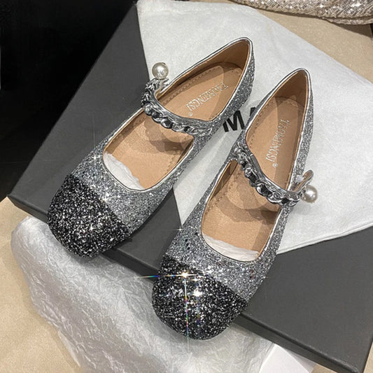 LBSFY  -  Shiny Sequin Mary Jane Shoes for Women Chain Pearl Buckle Strap Elegant Pumps Elegant Ladies Shoes Leather Loafers Low Heel Shoe
