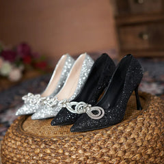 LBSFY - Size 30-44 High Heels Women Pumps Stiletto Pointed Toe Sequins Wedding Shoes Rhinestone Silver Shoes
