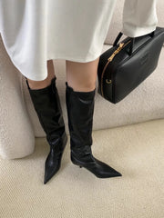LBSFY - Pointed Toe Women Knee High Boots Black Brown Thin High Heels Shallow Slip On Chelsea Botas Fashion Party Pumps Shoes Woman 39