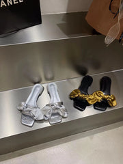 LBSFY - Casual Women Slippers Summer Dress Shoes Bow Design Casual Slides Summer Outside Mules Black Silver Size 35-39 Party Slippers