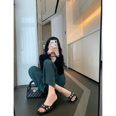 LBSFY - Square Flower Petals, Rhinestones, Silk, Kitten, Sandals, Women's High-Heeled Slippers, Worn for Summer