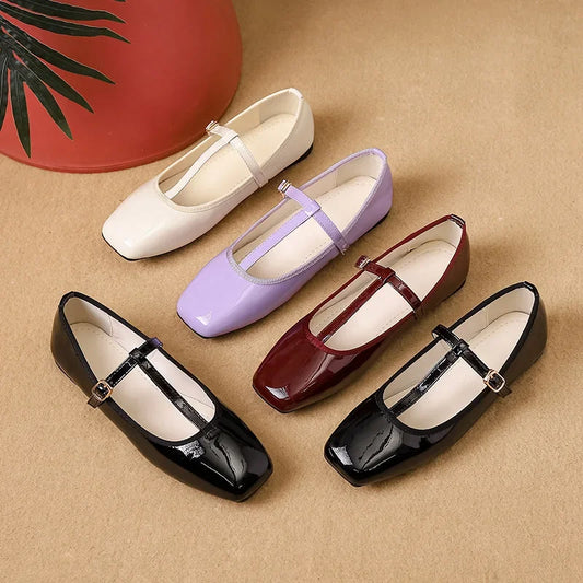 LBSFY  -  Patent Leather T-strap Mary Janes Shoes Women Shiny Glossy Vintage Flats Loafers Female Square Toe Soft Elegant Black Shoes