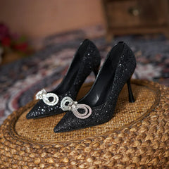 LBSFY - Size 30-44 High Heels Women Pumps Stiletto Pointed Toe Sequins Wedding Shoes Rhinestone Silver Shoes