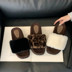 LBSFY  -  Leopard Platform Women Slippers Fashion Fur Square Toe Shoes Designer Autumn Sandals Trend Walking Chaussures Femme