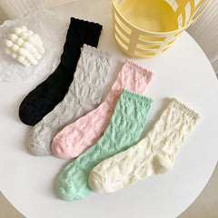 Lbsfy Socks Spring Summer Solid Color Casual Bow Lace Sweet Style Girl Cotton Middle Tube Woman Girls Gift Lolita Harajuku Socks