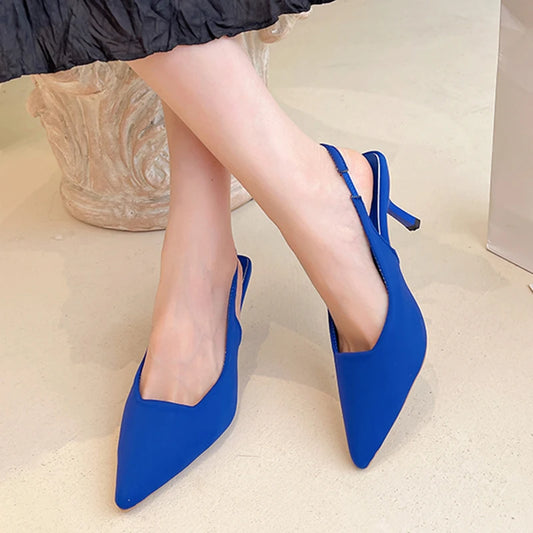 LBSFY  -   Women Simple Blue Slingback Pumps 2024 Summer Elegant Pointed Toe High Heels Shoes Woman Solid Thin Heel Sandals for Women
