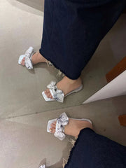 LBSFY - Casual Women Slippers Summer Dress Shoes Bow Design Casual Slides Summer Outside Mules Black Silver Size 35-39 Party Slippers