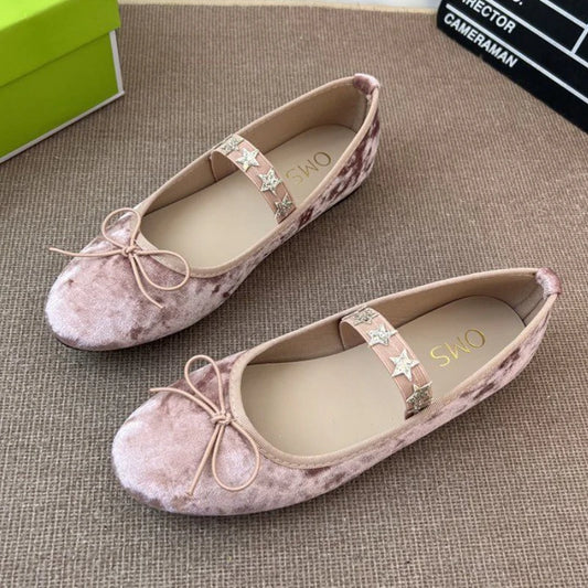 LBSFY  -  Velvet Ballet Flats Shoes for Women Star Decor Elegant Bow Mary Janes Shoes Soft Leopard Print Loafers Ladies Shoes on Offer