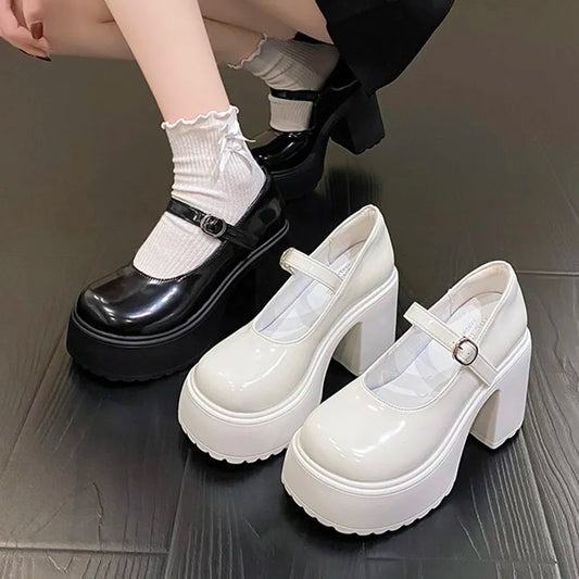 LBSFY  -  High Heels Platform Chunky Pumps Women 2024 Pu Leather Ankle Buckle Mary Jane Shoes Woman Thick Heeled Goth Lolita Shoes Female