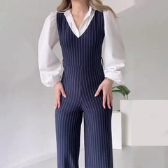 LBSFY - Vintage Hollow Out Sleeveless Belt Rompers Office Fashion Slim Long Pants Vest Playsuit FemaleV Neck Striped Straight Jumpsuit