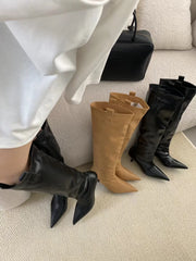 LBSFY - Pointed Toe Women Knee High Boots Black Brown Thin High Heels Shallow Slip On Chelsea Botas Fashion Party Pumps Shoes Woman 39