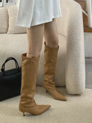 LBSFY - Pointed Toe Women Knee High Boots Black Brown Thin High Heels Shallow Slip On Chelsea Botas Fashion Party Pumps Shoes Woman 39