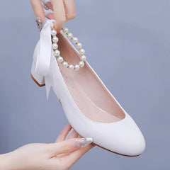 LBSFY - White Women Shoes Sexy Bride Party 3CM Pointed Toe Pumps Round Head Shallow Thick High Heels 03BDL