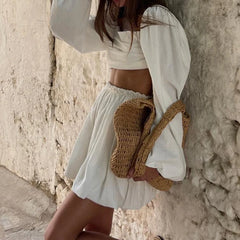 LBSFY - Women Casual Long Sleeve Solid 2Pc Outfits Sexy Backless Pleated Loose Holiday Sets Fashion Square Collar Top & Mini Skirt Suit