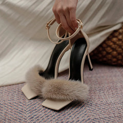 LBSFY - 2024 Spring New One line with Hollow Open Toe Sexy Mink Hair Fairy Style High Heel Sandals for Women