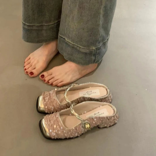 LBSFY  -  Summer Sequin Women Slippers Fashion Elegant Slip On Singbacks Mules Slides Shoes Ladies Comfort Dress Low Heel Sandalias