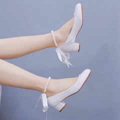 LBSFY - White Women Shoes Sexy Bride Party 3CM Pointed Toe Pumps Round Head Shallow Thick High Heels 03BDL