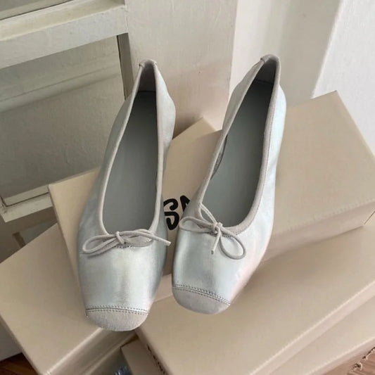 LBSFY  -  Square Toe Ballet Flats Mary Janes Shoes for Women 2024Elegant Heeled Silver Loafers Summer Ladies Shoes on Offer Footwear New