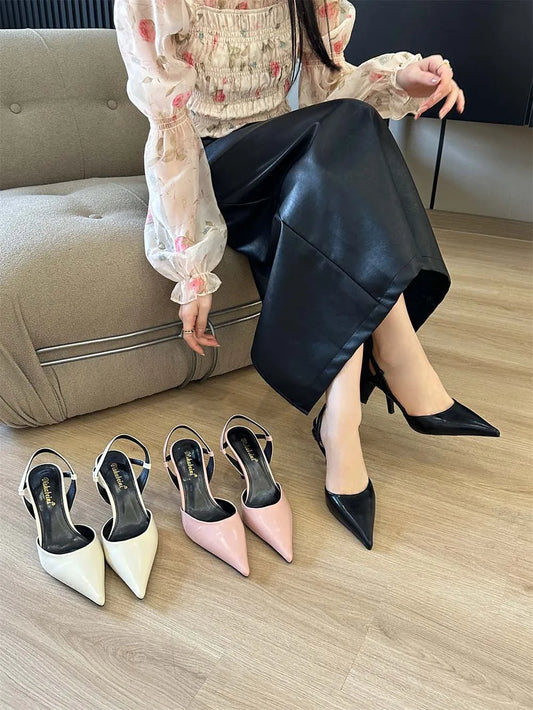 LBSFY  -  Sexy Women Sandals Pointed Toe Summer Dress Shoes Thin High Heels Back Strap Office Pumps Black White Pink Casual Mules 35-39