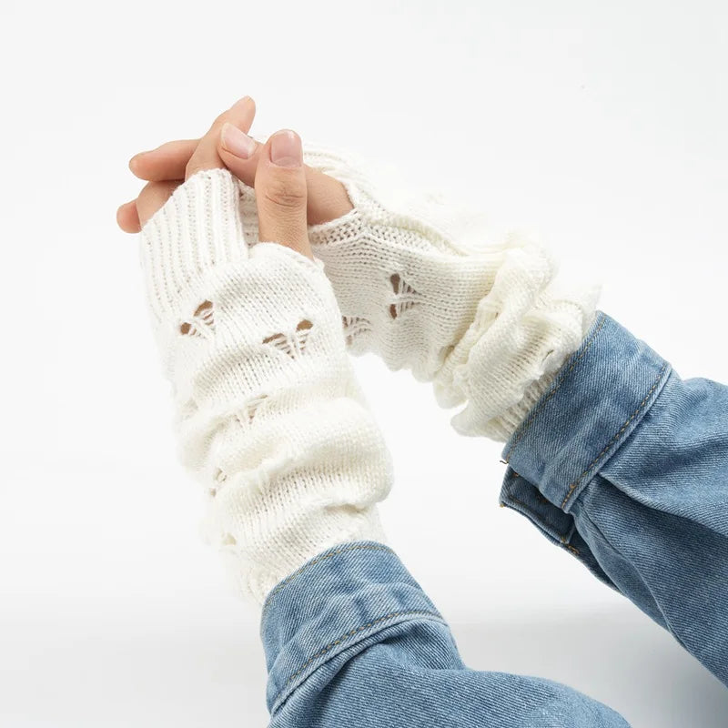 Lbsfy New Warmer Winter Women Gloves Stylish Hand Gloves Girl Arm Crochet Knitting Hollow Heart Mitten Warm Fingerless Gloves