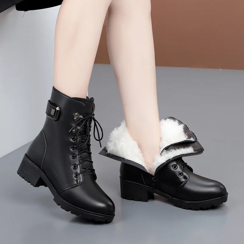 LBSFY  -  Female Ladies Women Genuine Leather Ankle Boots Platform Winter Antumn Plush Fur Warm Shoes Plus Size Lace Up 35-43