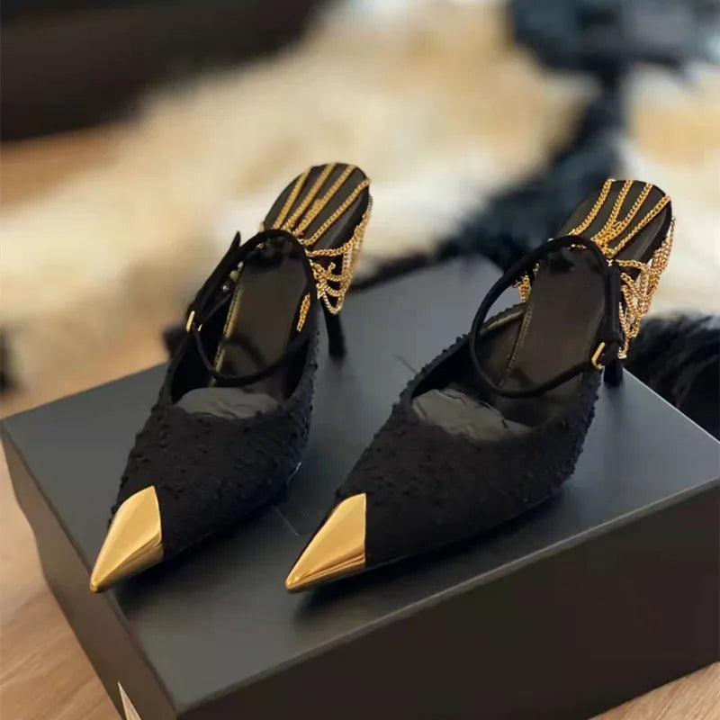 LBSFY  -  Star style Fashion Metal Chains Women Pumps Elegant Pointed toe Ankle Strap High heels Spring Summer Female Party Dress Shoes