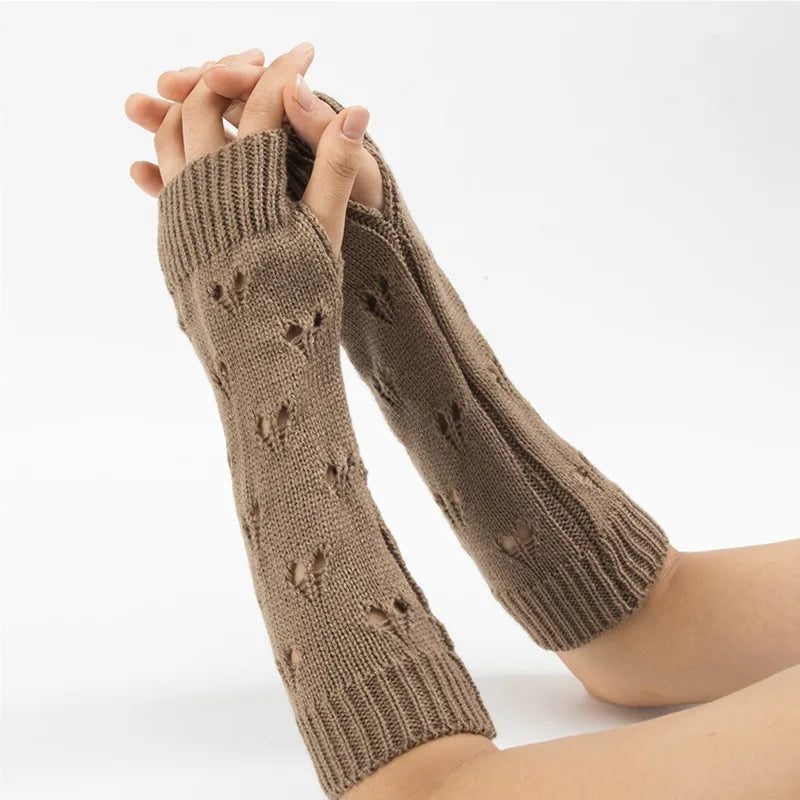Lbsfy New Warmer Winter Women Gloves Stylish Hand Gloves Girl Arm Crochet Knitting Hollow Heart Mitten Warm Fingerless Gloves
