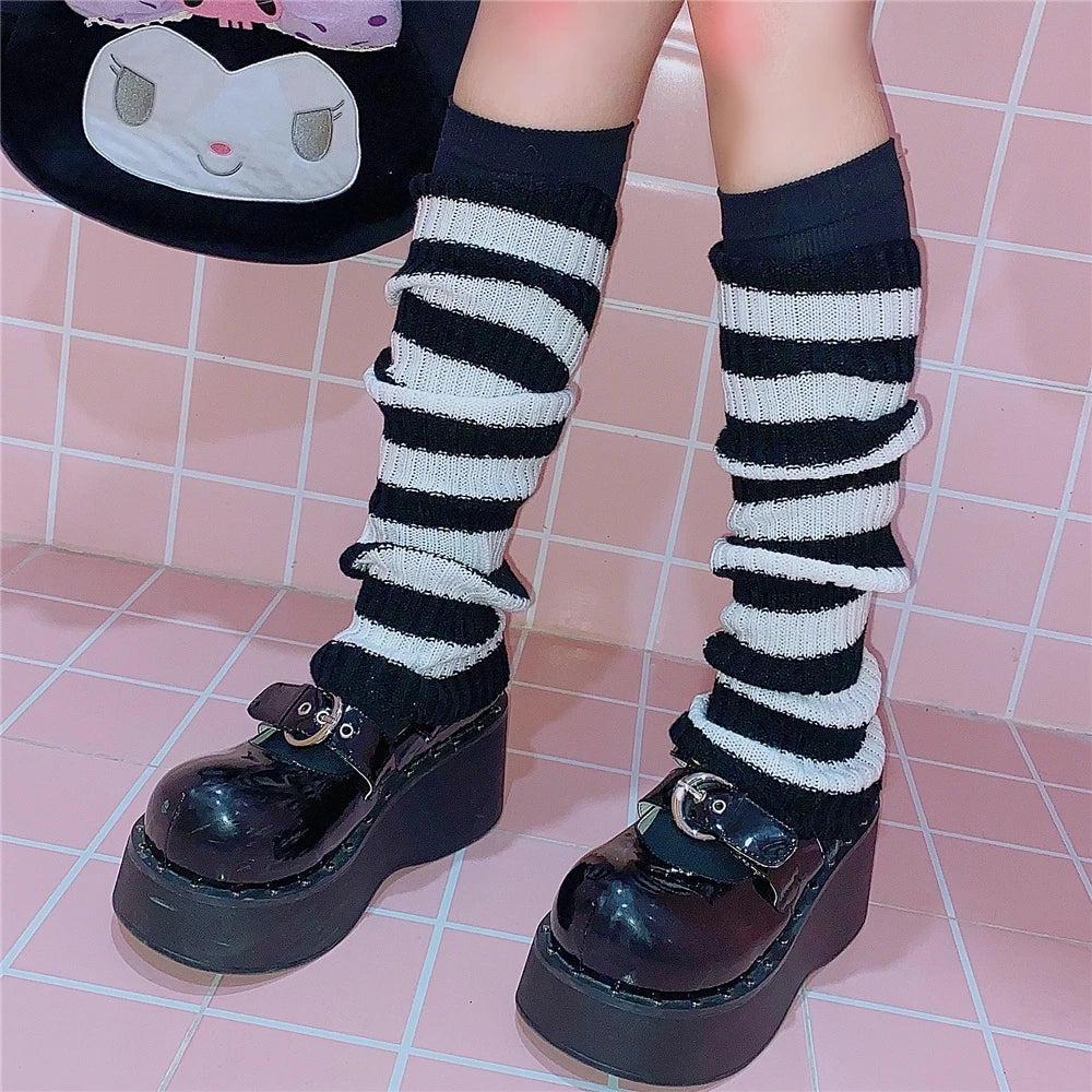 Lbsfy Y2K E-girl Goth Striped Women Leg Warmers 2000s Lady Cute Jk Stretch Knee-length Cool Hipster Warm Knit Sock Fashion Socks