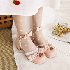 LBSFY  - Women Fashion Sweet Bowknot Lolita Shoes Block Heels Strawberry Ankle Strap Platform Lace Ruffles Maid Mary Jane Pumps Size 45