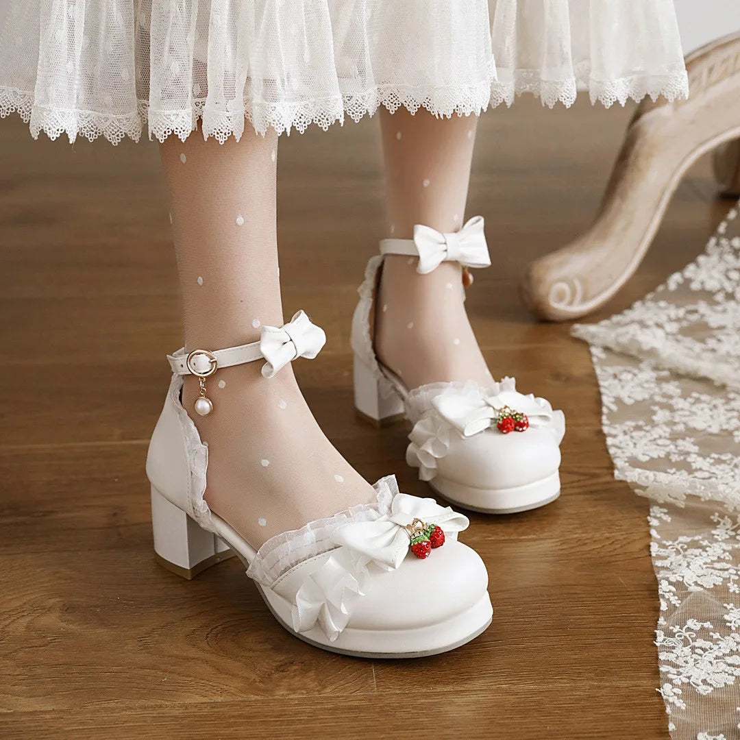 LBSFY  - Women Fashion Sweet Bowknot Lolita Shoes Block Heels Strawberry Ankle Strap Platform Lace Ruffles Maid Mary Jane Pumps Size 45