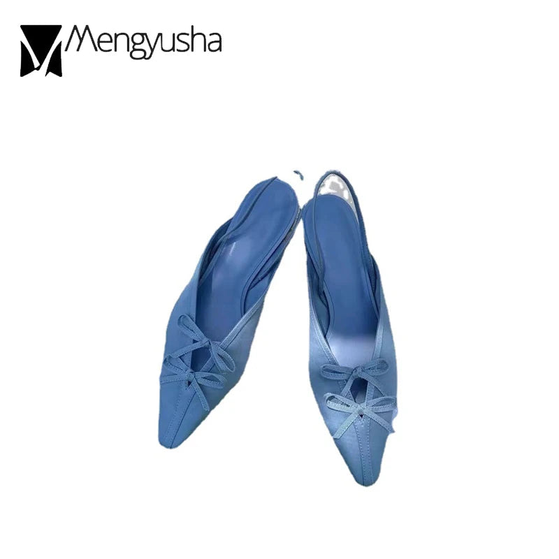LBSFY  -  Double Bowtie Silk Slingback Sandals Women Slides Elegant V-Open Shoes Summer Elatic Back Strap Low Heels Mules Ladies Flipflops