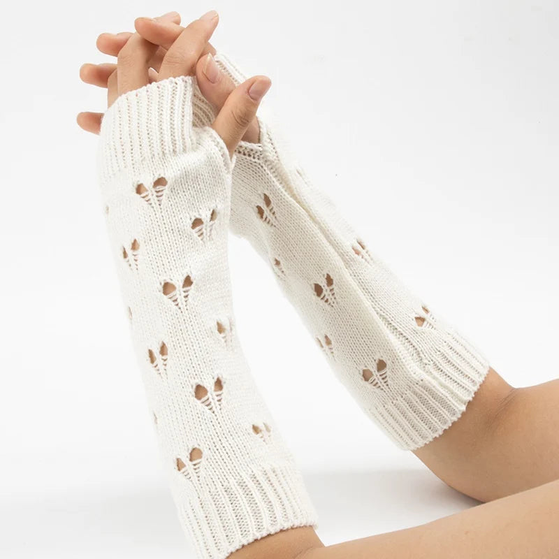 Lbsfy New Warmer Winter Women Gloves Stylish Hand Gloves Girl Arm Crochet Knitting Hollow Heart Mitten Warm Fingerless Gloves