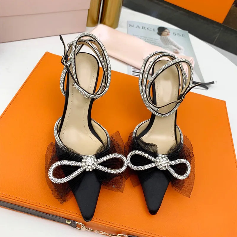 LBSFY  -  Brand Fashion Big Bowknot Women Pumps Luxury Crystal Satin High heels Party Prom Shoes Ankle Strap Summer Wedding Bridal Shoes