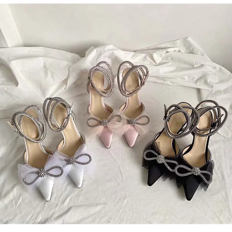 LBSFY  -  Brand Fashion Big Bowknot Women Pumps Luxury Crystal Satin High heels Party Prom Shoes Ankle Strap Summer Wedding Bridal Shoes